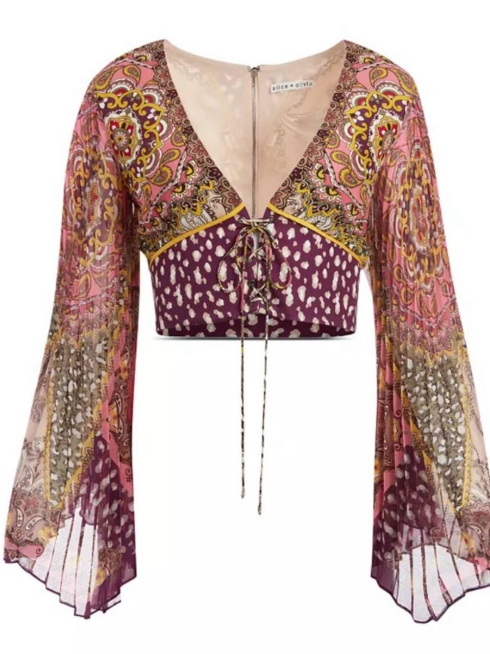 Alice + Olivia Chelsea Cropped Bell Sleeve Boho Paisley Top size 12 - Picture 6 of 12